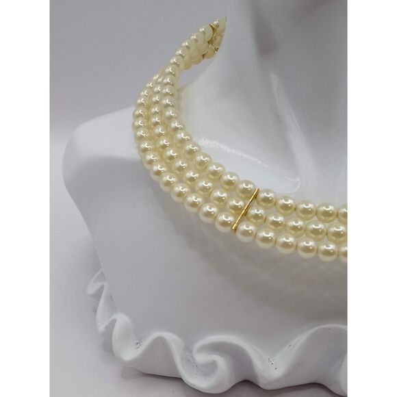 Vintage Three Strand Gold Tone Spacers Memory Wire Choker Necklace - Picture 2 of 9